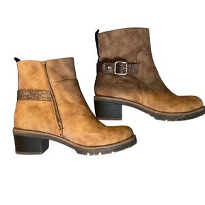 Tommy Hilfiger Girls Tan Suede Glitter Buckle Ankle Boots Side Zip Chunky Heels